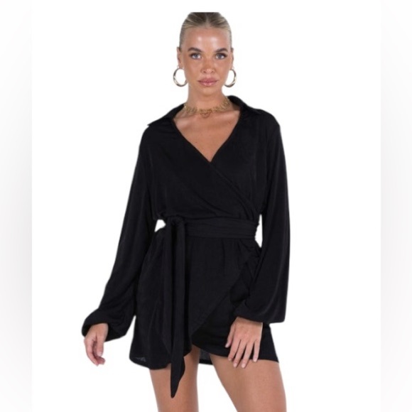 Princess Polly Womens Black Party Time Long Sleeve Wrap Mini Cocktail Dress Sz 2 - Picture 4 of 12